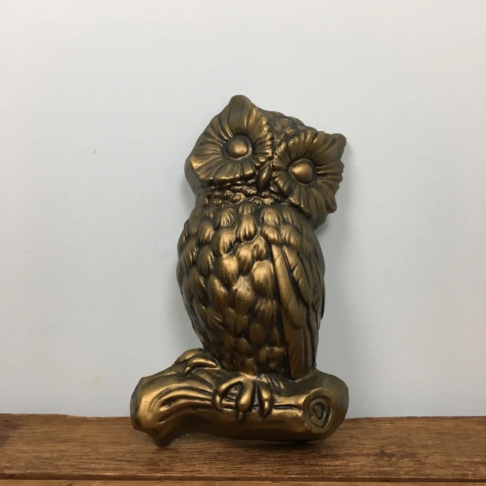 Vintage Plaster Paris Antiqued Gold Metallic Owl Branch Wall Art - Picture 1 of 8